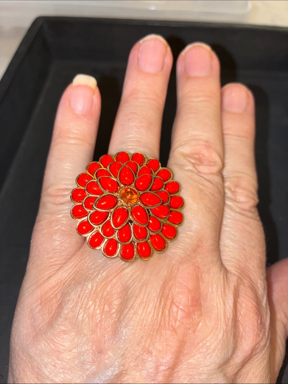 Red Floral Cluster Ring with Gold Trim
